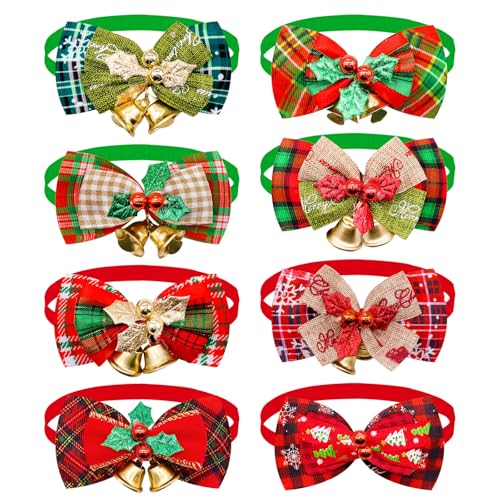 8 Stück Katzenhalsband Weihnachten, Weihnachte Katzenhalsband, Weihnachts-Haustierhalsband, Weihnachts Plaid Katzenhalsband für Hunde und Katzen, mit Fliege für die meisten Haustiere von BRTNUP