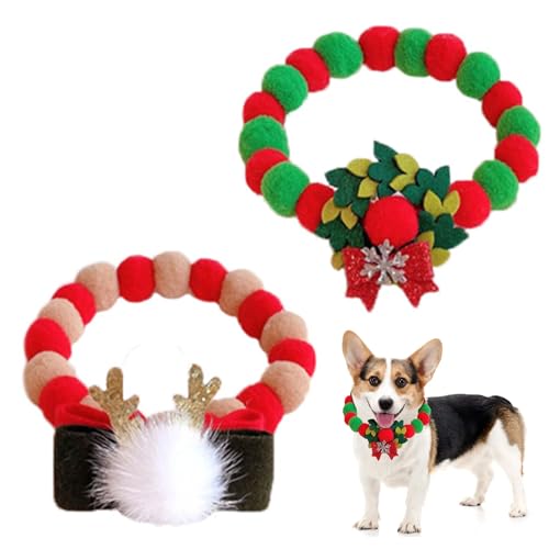 BRTNUP 2 Stück Weihnachten Haustier Kragen Pom Pom Katze Kragen Rot und Grün Hund Pompom Kragen für Haustier Welpen Katzen von BRTNUP