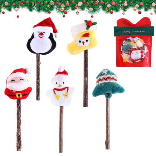 BRTNUP 5 Stück Weihnachts Katzen Kauspielzeug Plüschtier für Haustier Beißen Weihnachten Haustier Zahnung Holz Spielzeug Hunde Molar Sticks Weihnachtsbaum Schneemann für Katze Hunde Teaser Set von BRTNUP