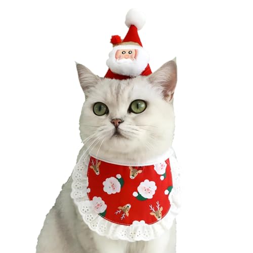 BRTNUP Haustier Weihnachtskostüm Hunde und Katzen Weihnachtsoutfit Haustier Welpe Katze Weihnachten Bandana Lätzchen Schal Halstuch und Partyhut Set (Rot B) von BRTNUP