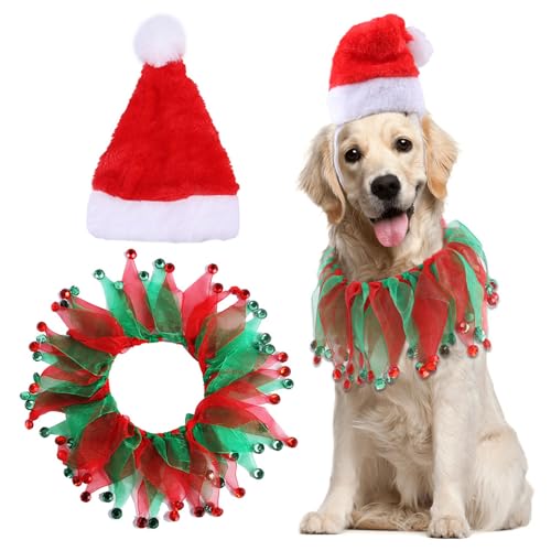 BRTNUP Katzen Hunde Weihnachtsoutfit für Welpen Katzen Schal und Partyhut Haustier Weihnachtskostüm Hunde Spitzen Lätzchen Schal und Weihnachtsmütze von BRTNUP