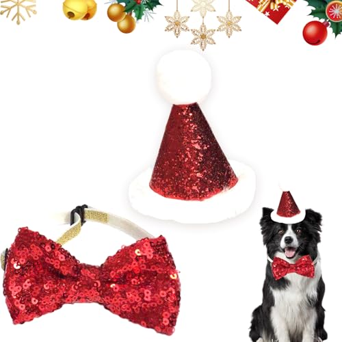 BRTNUP Weihnachten Haustier Fliege Kragen, Weihnachtsmann Mütze Schal Anzug für Katzen Welpen Hunde, Hunde Katzen Weihnachtsmützen und Halsband, Weihnachtsmütze und Fliege für Katze Hund von BRTNUP