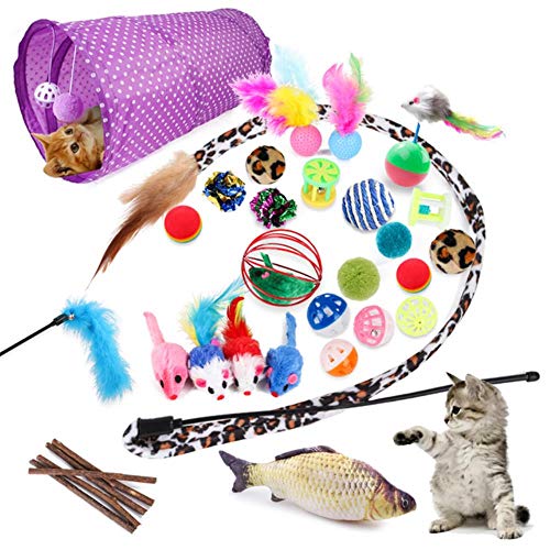 BSDIHRIWEJFHSIE Buntes Katzenspielzeug Pet Kit Faltbarer Tunnel 4 Löcher Spielröhrchen Bälle Federmäuse Form Haustier Kätzchen Katze Interaktives Zubehör-28PCS, USA von BSDIHRIWEJFHSIE