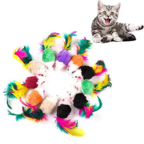 BSDIHRIWEJFHSIE Nettes Mini-weiches Vlies Falsche Maus Katzenspielzeug Bunte Feder Lustiges Spieltrainingsspielzeug für Katzen Kätzchen Welpe Haustierzubehör-zufällige Farben, 10 Stück von BSDIHRIWEJFHSIE