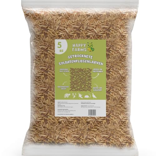 HappyFarms Getrocknete Soldatenfliegenlarven – Mehr Kalzium als Mehlwürmer! 5kg Insektenfutter für Wildvögel, Fische & Igel von BSF Cycle