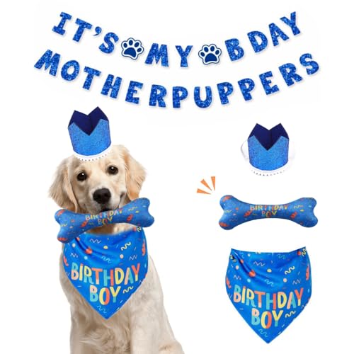 BSISUERM Haustier-Geburtstags-Jungen-Bandana-Set, Hunde-Geburtstags-Outfit-Zubehör mit Haustier-Geburtstagskrone, quietschendem Knochen-Kauspielzeug, Banner, Hunde-Dreieck-Schal, Happy von BSISUERM