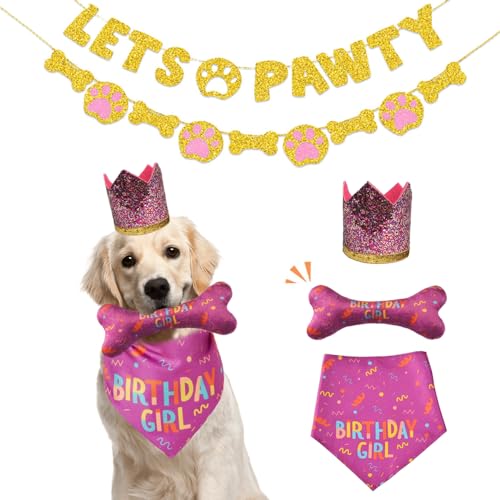 BSISUERM Hund Geburtstag Bandana Kit, Haustier Happy Birthday Party Set Supplies mit Hund Geburtstag Hut, Geburtstag Banner, Quietschendes Hundeknochen Kauspielzeug Haustier Outfit Dekorationen von BSISUERM