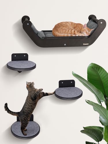 BSWAY Kletterwand Katzen Set mit Katzenbett und 3 Stufen, Katzenmöbel aus Holz Katzentreppe, Katzen Wandelemente Multifunktional zum Schlafen, Spielen und Klettern von BSWAY