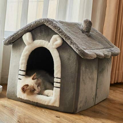 Haustierbett für kleine Hunde und Katzen, für den Winter, warm, halbgeschlossenes Haus, Villa, für vier Jahreszeiten, universell, abnehmbar und waschbar, Katzenzubehör, grau, Größe L von BSZHCT