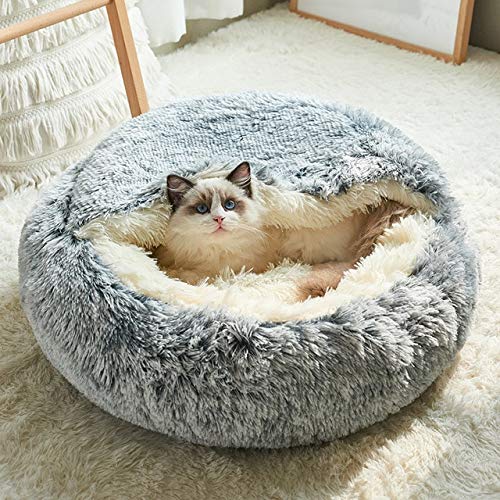 Langes Plüsch-Katzenbett, warm, bequem, rund, 2-in-1, warmer Schlafsack, bequem, beruhigendes Haustierbett für Katzen, Haustierbedarf, grauer langer Plüsch, 65 cm, China von BSZHCT