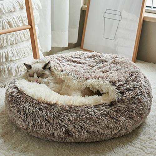 Langes Plüsch-Katzenbett, warm, bequem, rund, 2-in-1, warmer Schlafsack, bequem, beruhigendes Haustierbett für Katzen, Haustierbedarf, langer Plüsch, 65 cm, China von BSZHCT