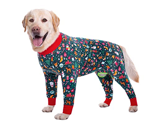 BT Bear Elastischer Haustier-Einteiler für große Hunde, schützt Gelenke, Anti-Haare, Lecken, Wundschutz, Haustier-Pyjama, Overall für mittelgroße und große Hunde (XL, Grün Weihnachten) von BT Bear