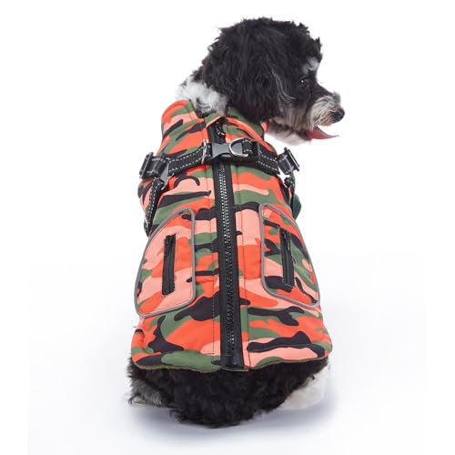 BT Bear Hunde-Wintermantel, warme Hundejacke, reflektierend, mit Geschirr, Weste für kaltes Wetter, winddicht, Outdoor-Kleidung für Welpen, kleine Hunde (Größe M, Orange Camouflage) von BT Bear