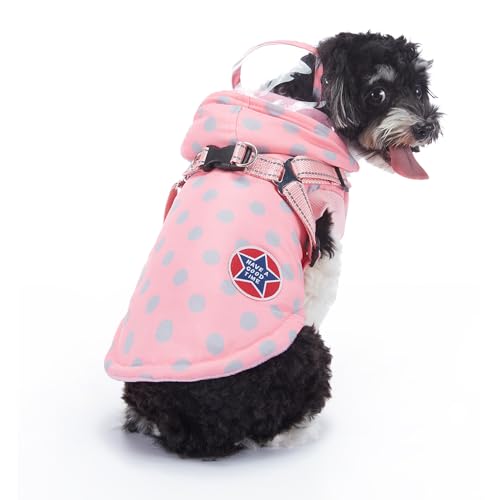 BT Bear Hunde-Wintermantel, warme Hundejacke, reflektierend, mit Geschirr, Weste für kaltes Wetter, winddicht, Outdoor-Kleidung für Welpen, kleine Hunde (Größe M, rosa Punkte) von BT Bear