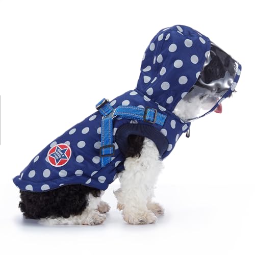 BT Bear Hunde-Wintermantel, warme Hundejacke, reflektierend, mit Geschirr, Weste für kaltes Wetter, winddicht, Outdoor-Kleidung für Welpen, kleine und mittelgroße Hunde (Größe XXL, blaue Punkte) von BT Bear