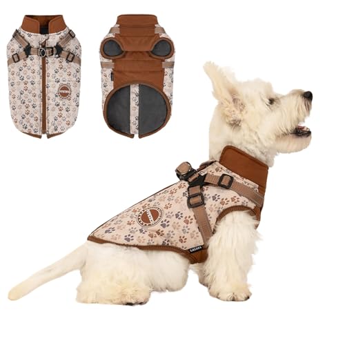 BT Bear Hunde-Wintermantel mit Geschirr für kleine Hunde und mittelgroße Hunde, Winterjacke, Outdoor, wasserdicht, verstellbare Weste, warme Kleidung, Braun, Größe XL von BT Bear