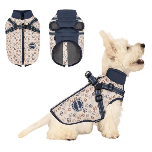 BT Bear Hunde-Wintermantel mit Geschirr für kleine Hunde und mittelgroße Hunde, Winterjacke, Outdoor, wasserdicht, verstellbare Weste, warme Kleidung, Blau, Größe XXL von BT Bear