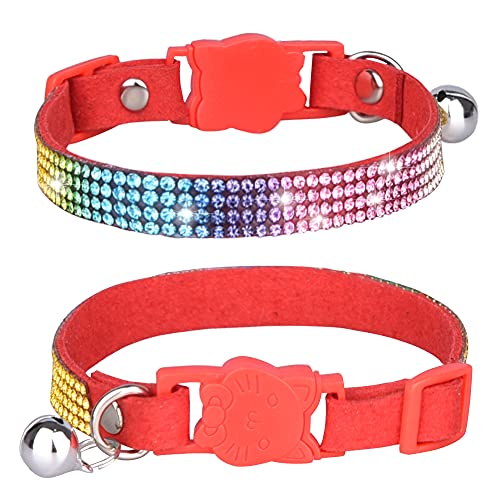 Haustier-Halsband, Katzenhalsband mit Glöckchen, Sicherheitsschnalle, glitzernd, Regenbogen-Strasssteine, verstellbar, 20–32 cm, für Katzen, Welpen, S: Breite 1.0 cm, 25–32 cm) von BT Bear