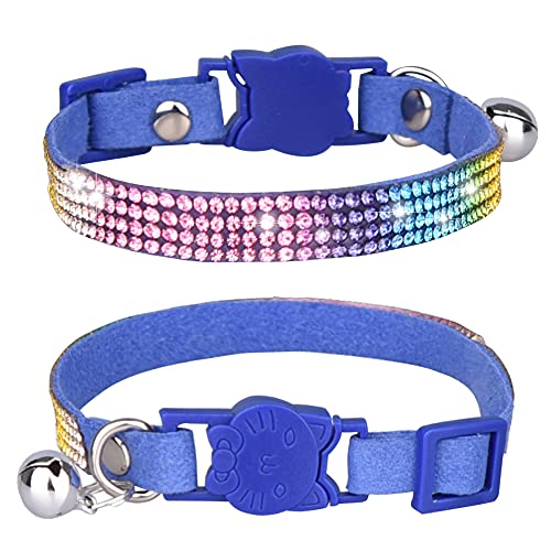 Haustier-Halsband, Katzenhalsband mit Glöckchen, Sicherheitsschnalle, glitzernd, Regenbogen-Strasssteine, verstellbar, 20–32 cm, für Katzen, Welpen, S: Breite 1.0 cm, verstellbar 25–32 cm) von BT Bear