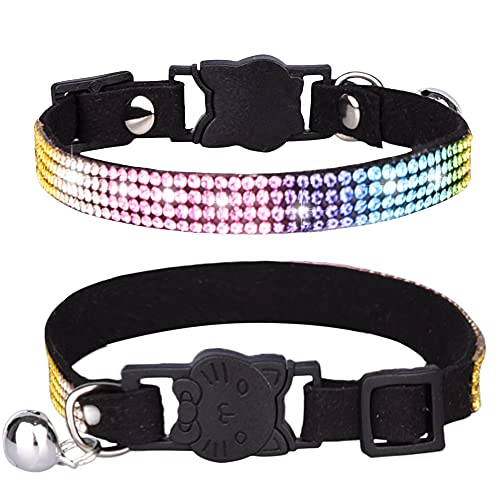 Haustier-Halsband, Katzenhalsband mit Glöckchen, Sicherheitsschnalle, glitzernd, Regenbogen-Strasssteine, verstellbar, 20–32 cm, für Katzen, Welpen, S: Breite 1.0 cm, verstellbar 25–32 cm) von BT Bear