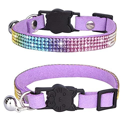 Haustier-Halsband, Katzenhalsband mit Glöckchen, Sicherheitsschnalle, glitzernd, Regenbogen-Strasssteine, verstellbar, 20–32 cm, für Katzen, Welpen, S: Breite 1.0 cm, verstellbar 25–32 cm) von BT Bear