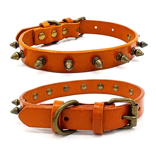 Hundehalsband aus Leder, verstellbar, Echtspaltleder, Nieten, strapazierfähiges Hundehalsband für Welpen, kleine Hunde, mittelgroße Hunde (Orange, M: 42 x 1,8 cm) von BT Bear