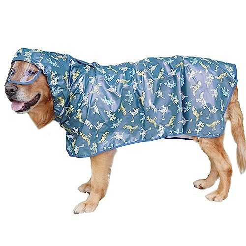 Hunderegenmantel mit Kapuze und Kragenloch, wasserdichter Hunderegenponcho, reflektierende Hunderegenjacke, winddichte Kapuzenpullover, Hundebauchabdeckung für große Hunde (blauer Dinosaurier, Größe von BT Bear