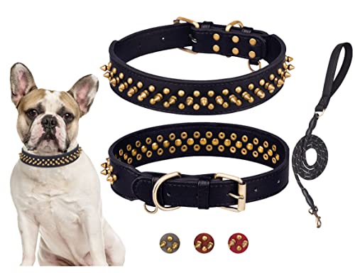 BTDCFY Hundehalsband aus Kunstleder, mit Nieten, verstellbar, 3 Reihen, Nieten, für kleine, mittelgroße und große Hunde (XS (Halsumfang: 21,1 cm - 26,9 cm), Schwarz (Set mit Rollen- und Leine) von BTDCFY