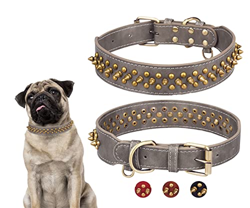 BTDCFY Hundehalsband aus Kunstleder, mit Nieten, verstellbar, 3-reihig, Nieten, Spikes, Hundehalsband für kleine, mittelgroße und große Hunde (L (Hals: 37,6 cm-47,5 cm), Grau) von BTDCFY