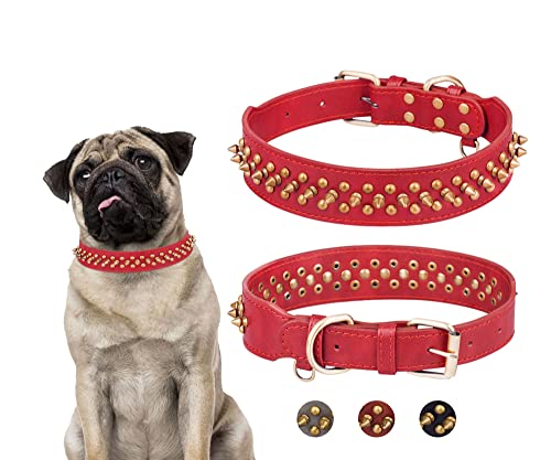BTDCFY Hundehalsband aus Kunstleder, mit Nieten, verstellbar, 3-reihig, Nieten, Spikes, Hundehalsband für kleine, mittelgroße und große Hunde (S (Halsumfang: 26,9 cm - 33 cm), Rot) von BTDCFY