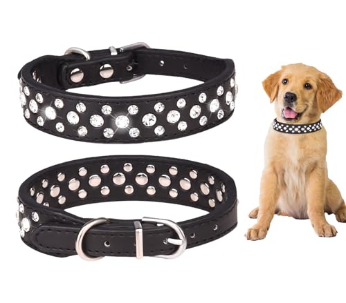 BTDCFY Strass-Hundehalsband, 2,5 cm breit, mit Kristalldiamanten, Nieten, PU-Leder, glitzernd, Kristallnieten, für kleine und mittelgroße Hunde von BTDCFY