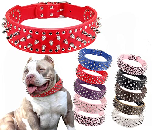 HOOT Hundehalsband, PU-Leder, verstellbar, mit Nieten, 5,1 cm breit, 37 Spikes, M (Halsumfang 48,3 - 55,9 cm), Rot von BTDCFY