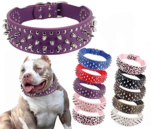 HOOT Hundehalsband, PU-Leder, verstellbar, mit Nieten, 5,1 cm breit, 37 Spikes, M (Halsumfang 48,3 - 55,9 cm), Violett von BTDCFY