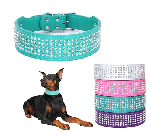 hootmall Strass Hund collars-2 "breit Kristall Diamanten besetzt PU Leder 5 Reihen Funkelnd Kristall Nieten Halsband für mittelgroße und große Hunde, L(neck:21"-24"), blau von BTDCFY