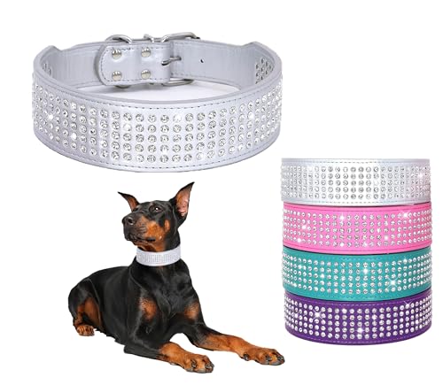 hootmall Strass Hund collars-2 "breit Kristall Diamanten besetzt PU Leder 5 Reihen Funkelnd Kristall Nieten Halsband für mittelgroße und große Hunde, M(neck:19"-22"), silber von BTDCFY