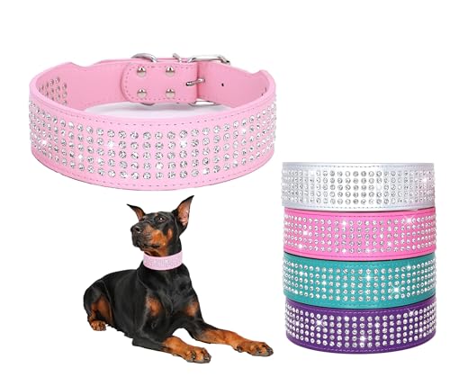 hootmall Strass Hund collars-2 "breit Kristall Diamanten besetzt PU Leder 5 Reihen Funkelnd Kristall Nieten Halsband für mittelgroße und große Hunde, S(neck:17"-20"), rose von BTDCFY