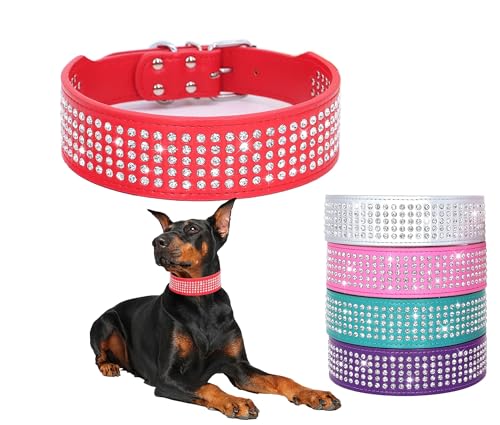 hootmall Strass Hund collars-2 "breit Kristall Diamanten besetzt PU Leder 5 Reihen Funkelnd Kristall Nieten Halsband für mittelgroße und große Hunde, XXS(neck:13"-16"), rot von BTDCFY