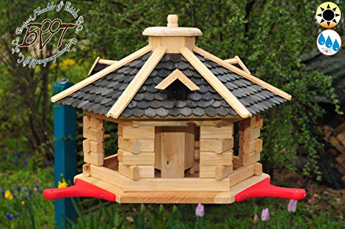 BTV-Ölbaum Vogel-Futterhaus Premium, mit Landebahn - Anflugbrett NEU, Premium MASSIVHOLZ,wetterfest, mit Silo/Futtersilo für Winterfütterung, XXL Vogelvilla Vöglehus Vogelhäuser Groß von BTV Haus & Garten