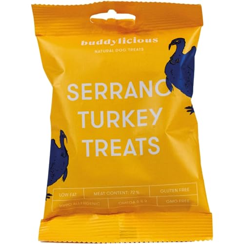 Buddylicious Natürliche Gesunde Truthahn-Hundeleckerlis | Serrano-Hundeleckerlis, Glutenfrei, GMO-Frei, Hypoallergen, Hoher Fleischgehalt, Omega 6 & 9 | Gesunde Leckerlis fürs Hundetraining von BUDDYLICIOUS NATURAL DOG TREATS