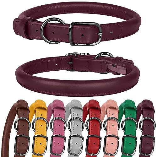 BUDKAS Hundehalsband aus gerolltem Leder für kleine, mittelgroße und große Hunde, Welpen, langlebig, verstellbar, weich, rundes Seil (20,3 cm - 30,5 cm Halsumfang, Marsala) von BUDKAS