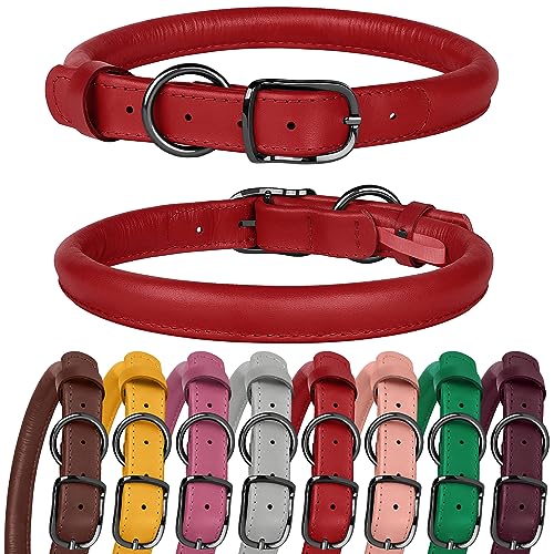 BUDKAS Hundehalsband aus gerolltem Leder für kleine, mittelgroße und große Hunde, Welpen, langlebig, verstellbar, weich, rundes Seil (20,3 cm - 30,5 cm Halsumfang, rot) von BUDKAS