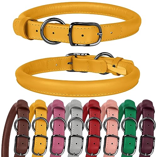 BUDKAS Hundehalsband aus gerolltem Leder für kleine, mittelgroße und große Hunde, Welpen, langlebig, verstellbar, weich, rundes Seil (35,6 - 45,7 cm Halsumfang, gelb) von BUDKAS