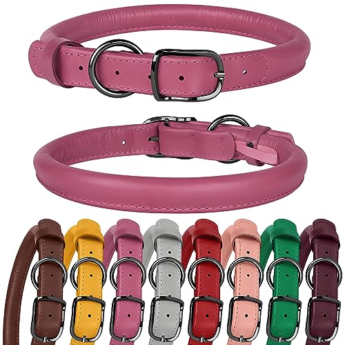 BUDKAS Hundehalsband aus gerolltem Leder für kleine, mittelgroße und große Hunde, Welpen, langlebig, verstellbar, weich, rundes Seil (43,2 - 53,3 cm Halsumfang, Rosa) von BUDKAS