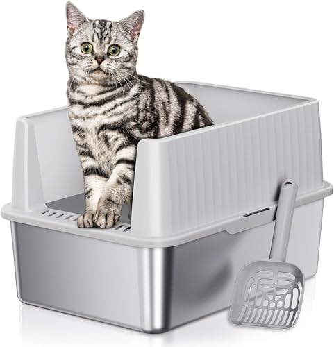 BUG HULL Katzentoilette aus Edelstahl mit Deckel, 43L x 34B x 30H cm Kätzchen Katzentoilette, Metall Katzentoiletten für kleine Katzen, Kaninchentoilette, Hellgrau von BUG HULL