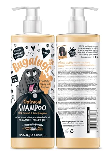 BUGALUGS Haferflocken & Aloe Vera Hundeshampoo Hundepflege-Shampoo Produkte für stinkende Hunde mit Duft, Haferflocken-Welpen-Shampoo, professionelles veganes Haustier-Shampoo und Conditioner (500 ml) von BUGALUGS