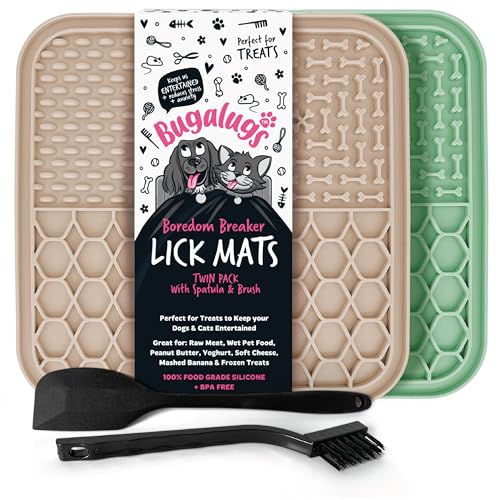 Bugalugs Licky Mats für Hunde, 100% Lebensmittelqualität Leckmatten für Hunde & Katzen Futtermatte BPA-frei Hundematte, Fütterung & Lecken Matte, reduziert Stress & Angst, 2 x Tierfuttermatte, Spatel von BUGALUGS