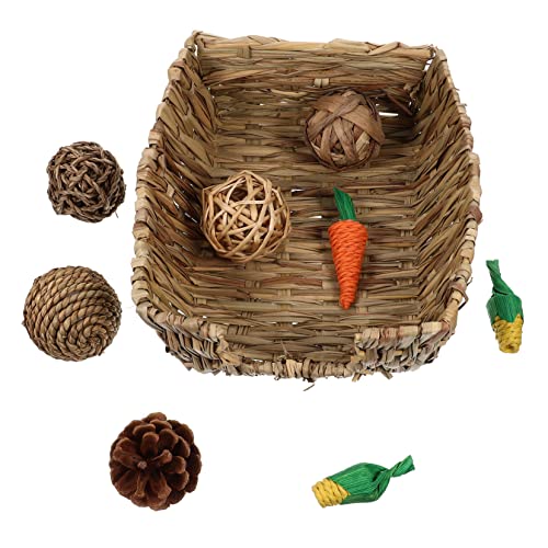 BUGUUYO 9-in-1-Strohbett-Spielzeug für Kaninchen Grasmatte für Kaninchen Einstreu für Häschen Häschendecke Beißspielzeug sicher für Hamster Meerschweinchen Chinchillas tragbares Nest Kauspielzeug von BUGUUYO