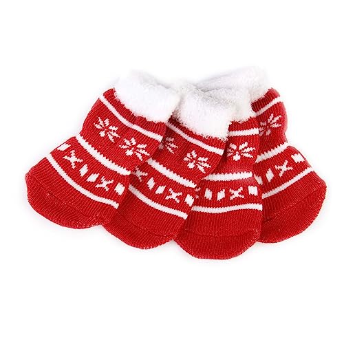 BUGUUYO Warmth Snow: 4 Stück Hundesocken im Weihnachtsstil groß für Welpen und Katzen rutschfeste Baumwollsocken mit Krallenmuster von BUGUUYO