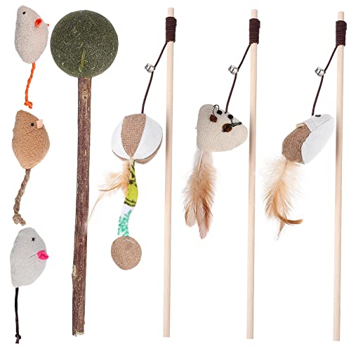 BUGUUYO 7 STK Spielzeug Katzen-Teaser-Stick Spielset Aus Holz Katze Zauberstab Katzenfänger Mit Ratte Cat-nip-Ball-Produkte Katzen Zauberstäbe Kätzchen Die Katze Eindrucksvoll Leinen- von BUGUUYO