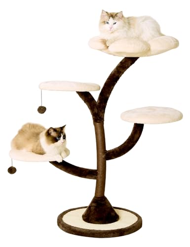 BUKLOY Stabiler Katzenbaum im Zweigdesign, 114 cm Hoch, mit Kratzbaum, 3 kleine Plattformen, 1 schöne Blütenblattartige große Plattform, 1 Plüschball, Kletterbaum für Katzen，Weiß und braun von BUKLOY